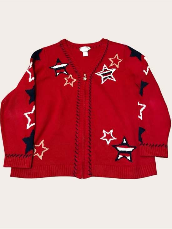 CJ Banks Jackets & Blazers - CJ Banks Star Cardigan Women’s 1X Red 100% Cotton Embroidered Zip Up Sweater